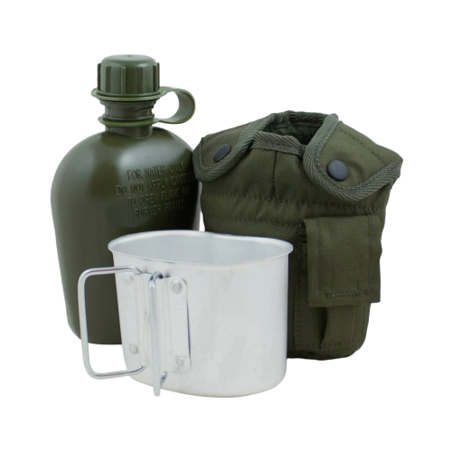 1LTR MILITARY OUTDOOR WATER BOTTLE WITH CANTEEN AND NYLON POUCH ARMY GREEN